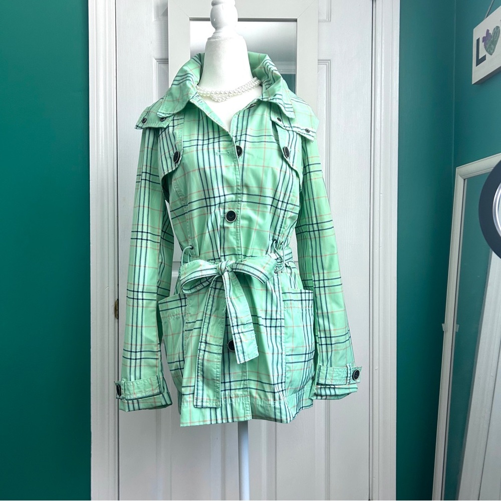 Cartonnier by Anthropologie Green Plaid Hooded Trench Coat Medium